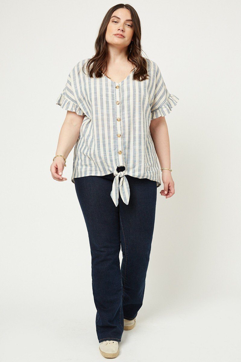 Stripe Ruffle Linen Tie Front Top