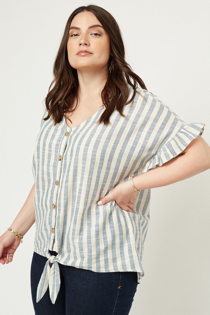 Stripe Ruffle Linen Tie Front Top