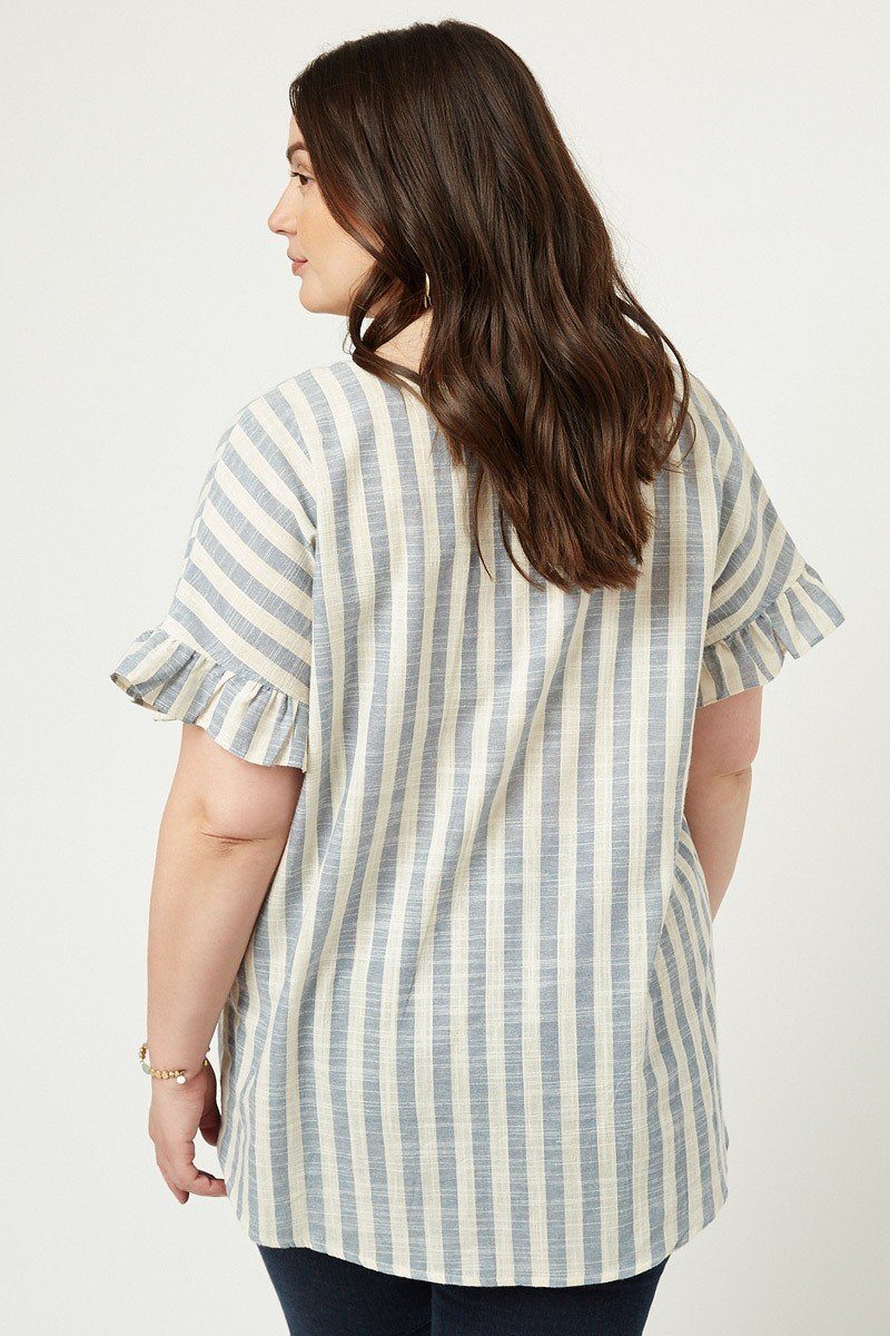 Stripe Ruffle Linen Tie Front Top