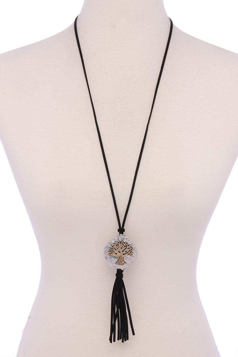 Oak Tree Suede Tassel Pendant Necklace