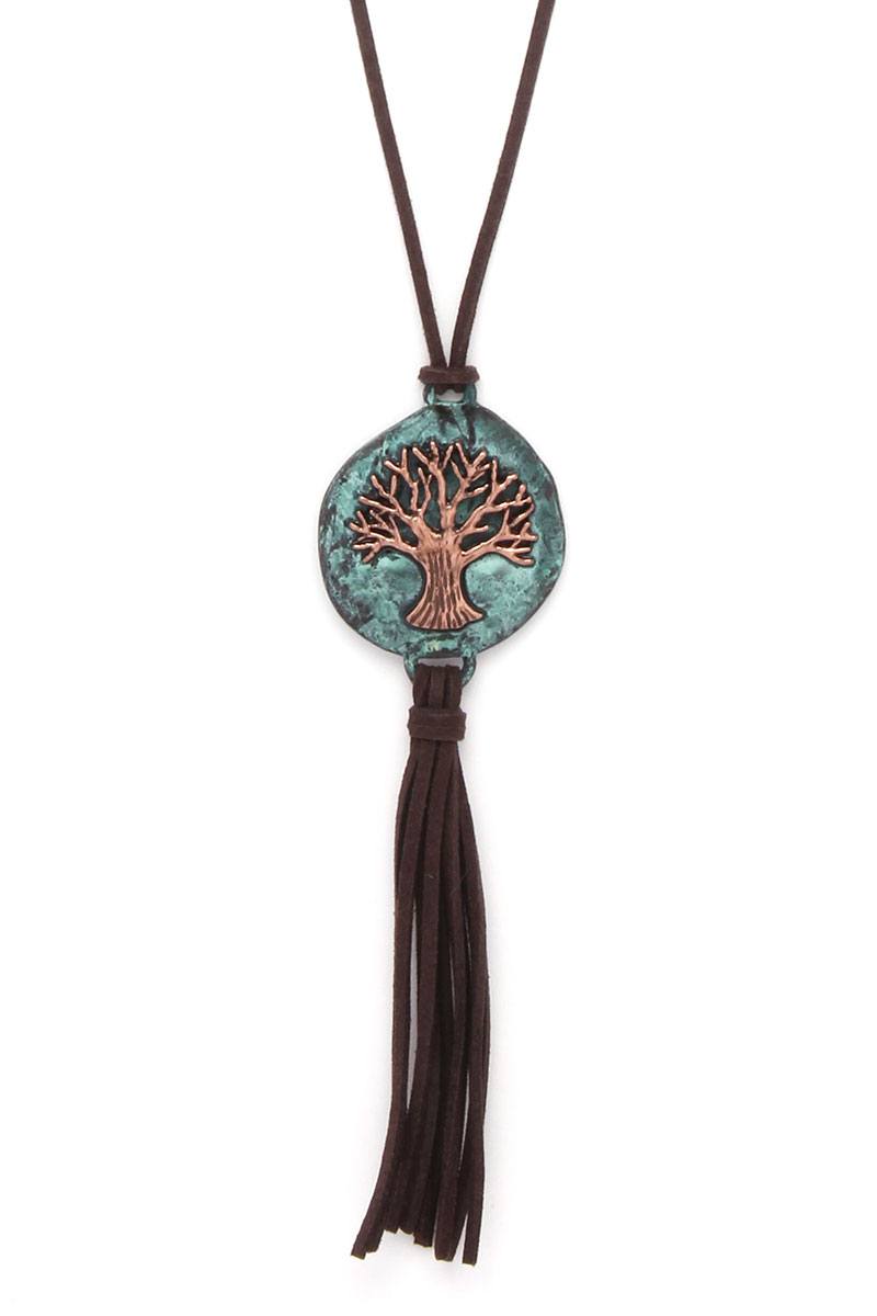 Oak Tree Suede Tassel Pendant Necklace