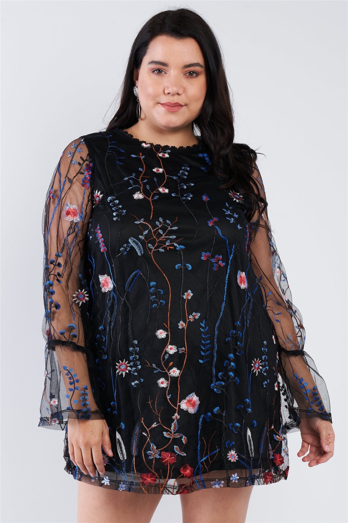 Plus Size Floral Mix Sheer Mock Lace Neck Mini Dress