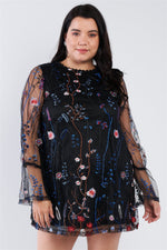 Load image into Gallery viewer, Plus Size Floral Mix Sheer Mock Lace Neck Mini Dress
