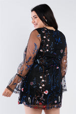 Load image into Gallery viewer, Plus Size Floral Mix Sheer Mock Lace Neck Mini Dress
