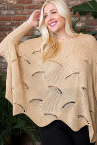 Round Neck Long Batwing Sleeve Scalloped Edge Sweater