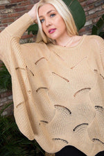 Load image into Gallery viewer, Round Neck Long Batwing Sleeve Scalloped Edge Sweater
