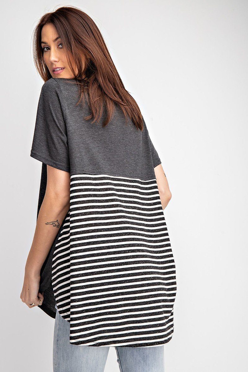 Short Sleeves Rayon Mix And Match Striped Contrast Top