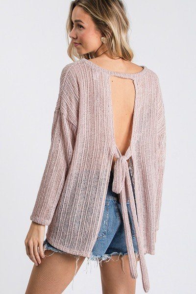 Open Back Detail Long Sleeve Top With Self Tie