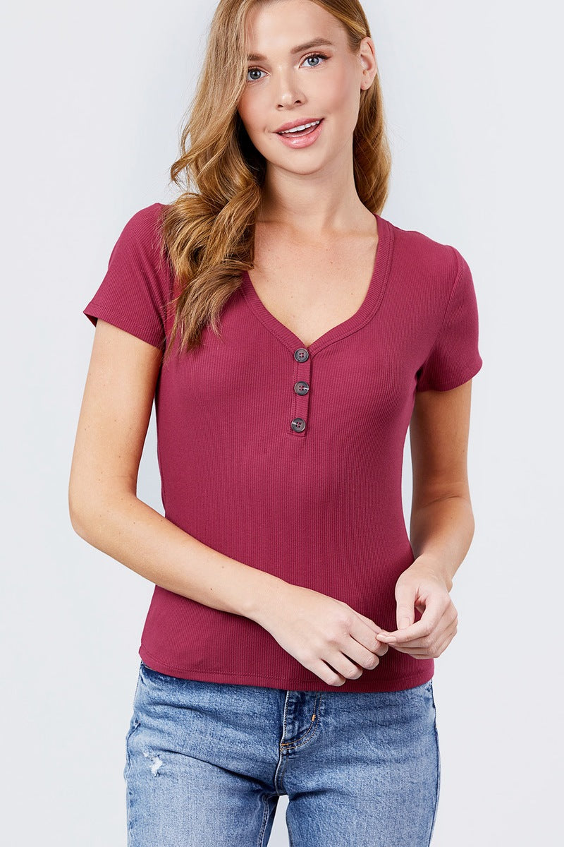 Short Sleeve V-neck with Button Detail Rib Knit Top