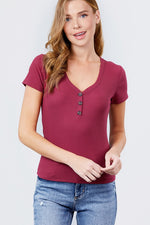 Load image into Gallery viewer, Short Sleeve V-neck with Button Detail Rib Knit Top
