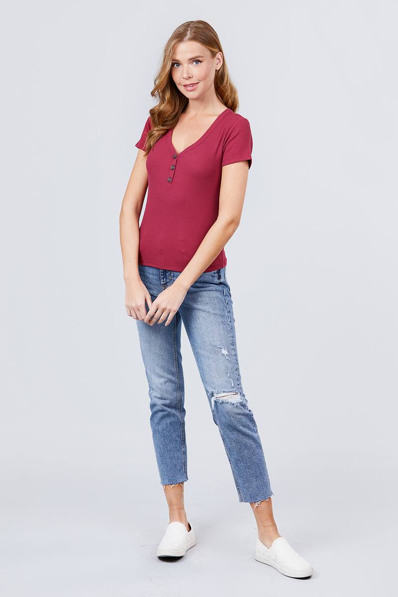 Short Sleeve V-neck with Button Detail Rib Knit Top