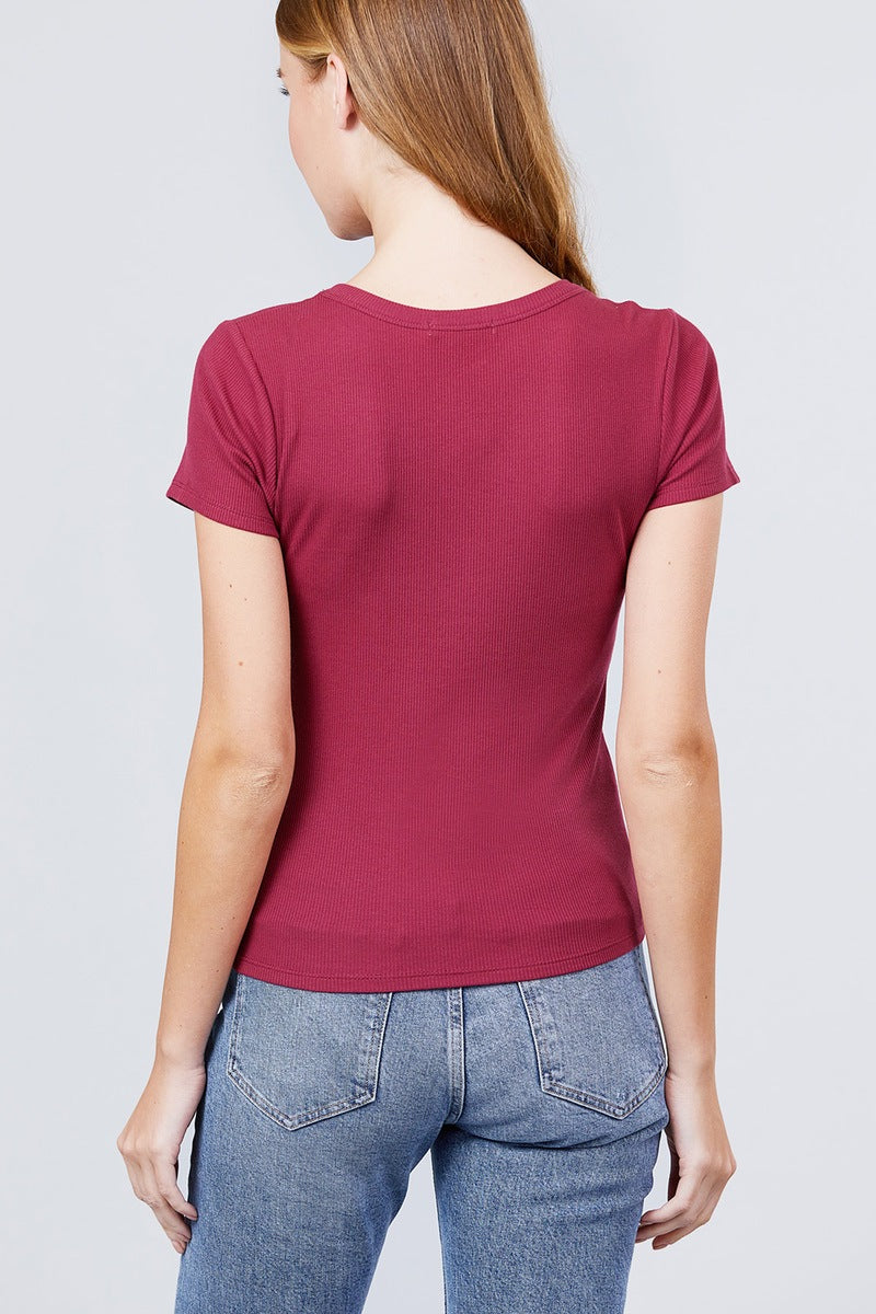 Short Sleeve V-neck with Button Detail Rib Knit Top