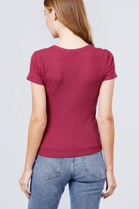 Short Sleeve V-neck with Button Detail Rib Knit Top