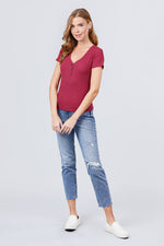 Load image into Gallery viewer, Short Sleeve V-neck with Button Detail Rib Knit Top
