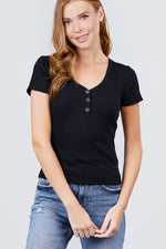 Load image into Gallery viewer, Short Sleeve V-neck with Button Detail Rib Knit Top
