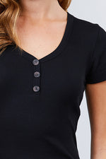 Load image into Gallery viewer, Short Sleeve V-neck with Button Detail Rib Knit Top
