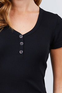 Short Sleeve V-neck with Button Detail Rib Knit Top