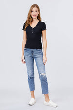 Load image into Gallery viewer, Short Sleeve V-neck with Button Detail Rib Knit Top
