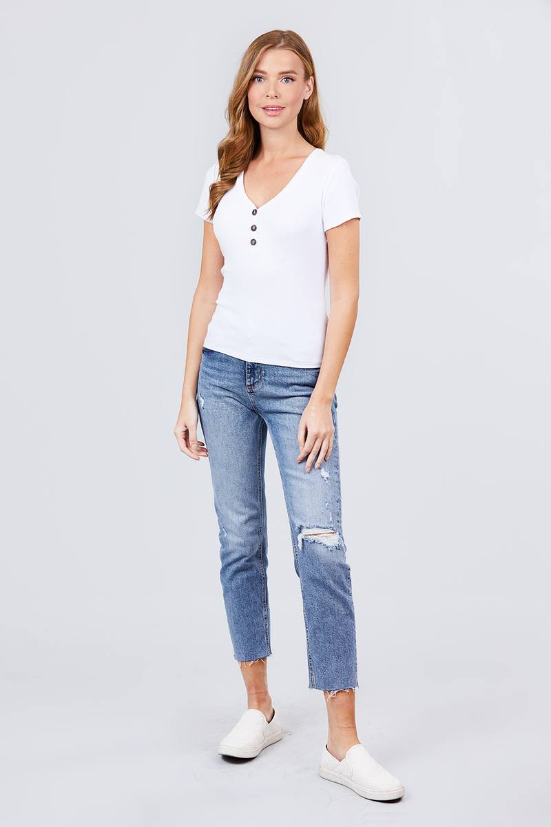 Short Sleeve V-neck with Button Detail Rib Knit Top