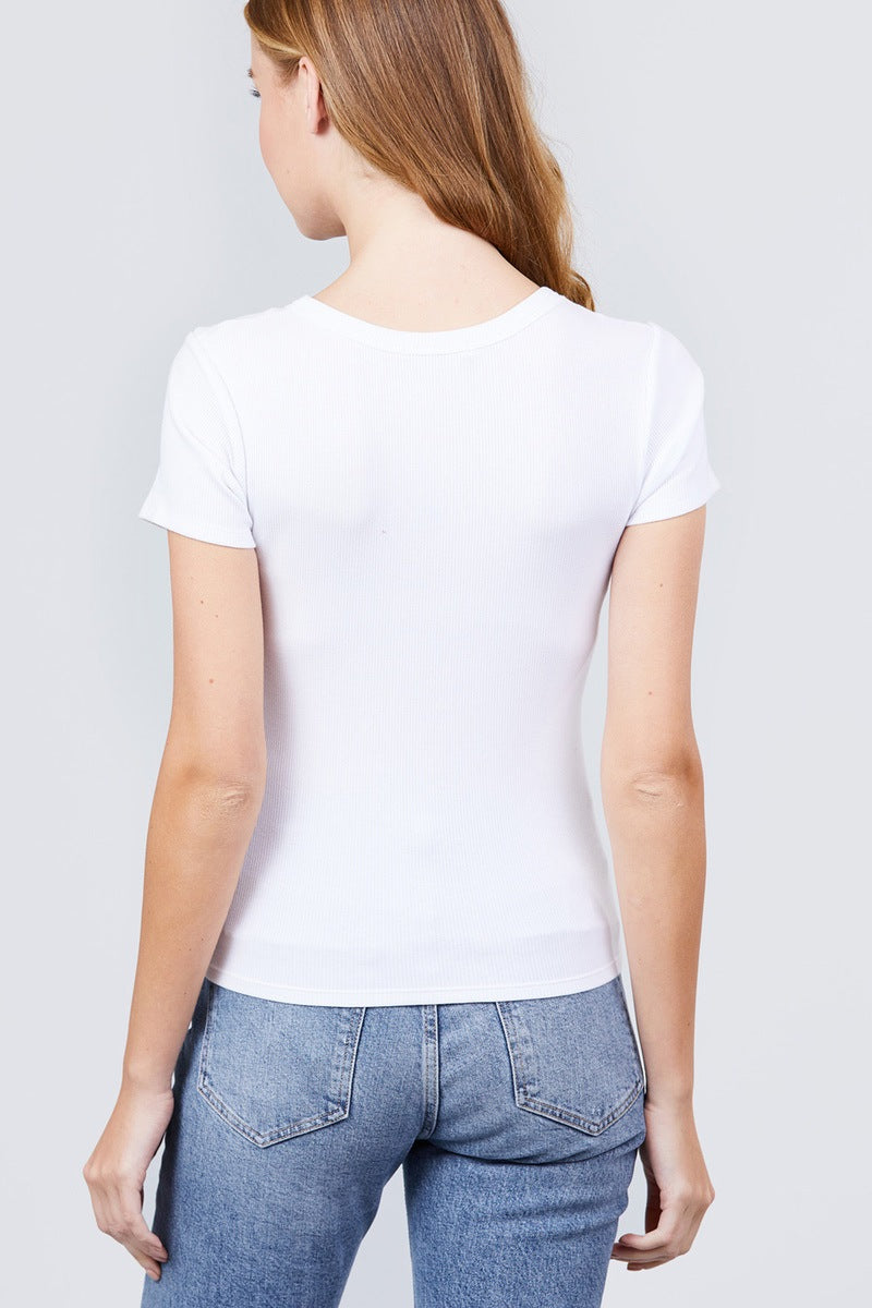 Short Sleeve V-neck with Button Detail Rib Knit Top