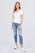 Load image into Gallery viewer, Short Sleeve V-neck with Button Detail Rib Knit Top
