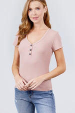 Load image into Gallery viewer, Short Sleeve V-neck with Button Detail Rib Knit Top
