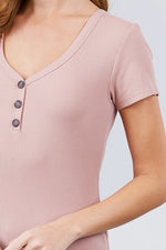 Load image into Gallery viewer, Short Sleeve V-neck with Button Detail Rib Knit Top
