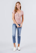 Load image into Gallery viewer, Short Sleeve V-neck with Button Detail Rib Knit Top
