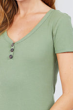 Load image into Gallery viewer, Short Sleeve V-neck with Button Detail Rib Knit Top
