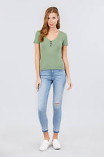 Load image into Gallery viewer, Short Sleeve V-neck with Button Detail Rib Knit Top
