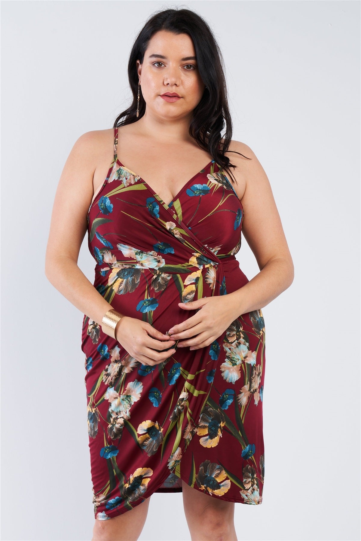 Plus Size Floral Surplice Tulip Mini Dress