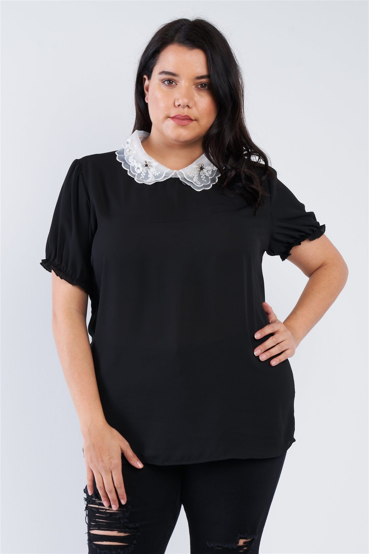 Plus Size Chiffon Embellished Peter Pan Collar Top