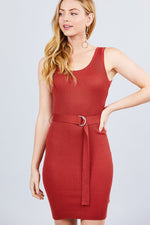 Load image into Gallery viewer, Sleeveless Double Scoop Neck W/belt Rib Sweater Mini Dress
