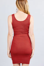 Load image into Gallery viewer, Sleeveless Double Scoop Neck W/belt Rib Sweater Mini Dress
