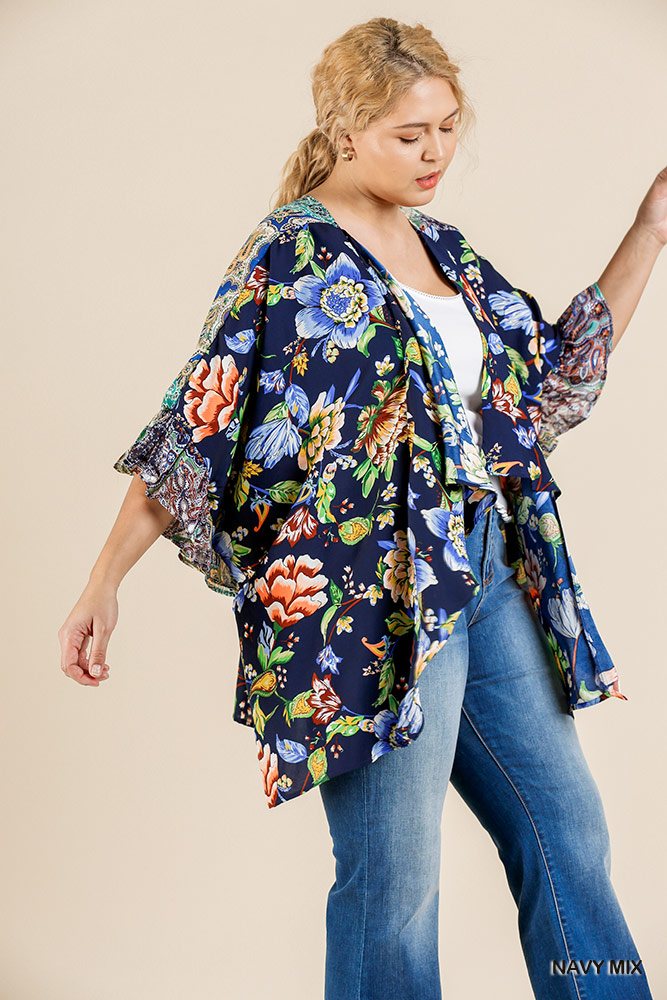 Floral Ruffle Bell Sleeve Kimono with Side Slits