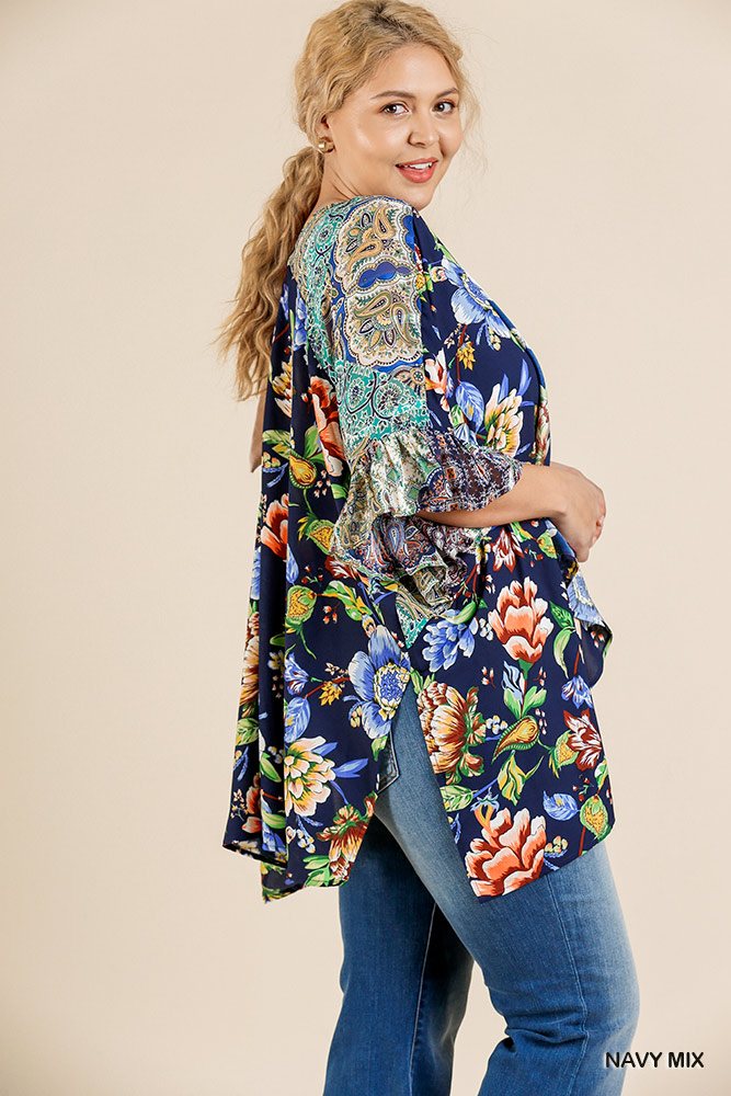 Floral Ruffle Bell Sleeve Kimono with Side Slits