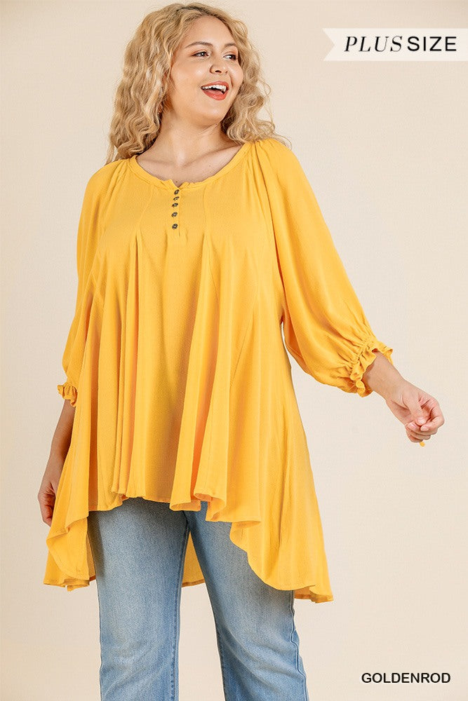 Ruffle Tie Sleeve Button Tunic With High Low Hem