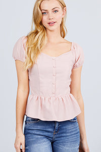 Short Sleeve Button Detail Flare Hem Woven Top