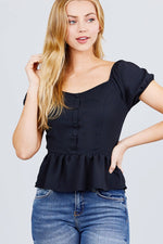 Load image into Gallery viewer, Short Sleeve Button Detail Flare Hem Woven Top
