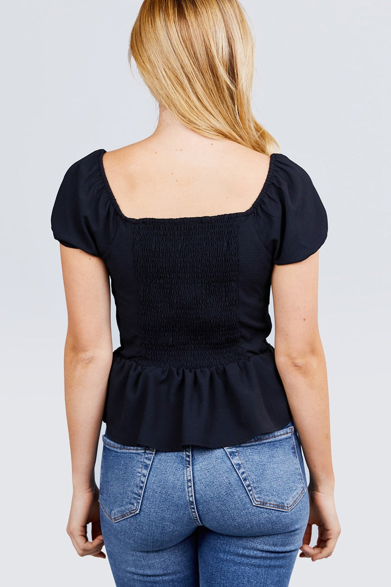 Short Sleeve Button Detail Flare Hem Woven Top