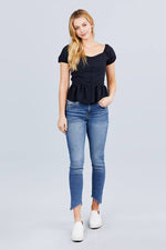 Load image into Gallery viewer, Short Sleeve Button Detail Flare Hem Woven Top
