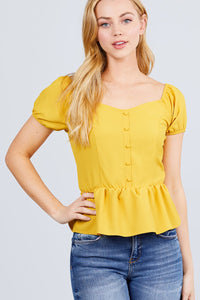 Short Sleeve Button Detail Flare Hem Woven Top