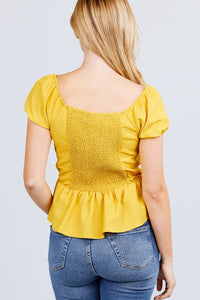 Short Sleeve Button Detail Flare Hem Woven Top