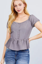 Load image into Gallery viewer, Short Sleeve Button Detail Flare Hem Woven Top
