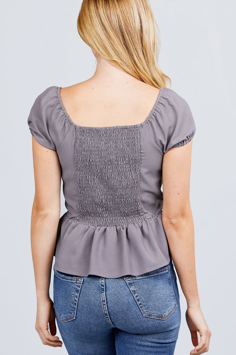 Short Sleeve Button Detail Flare Hem Woven Top