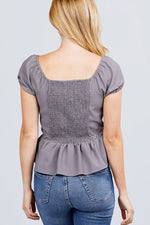 Load image into Gallery viewer, Short Sleeve Button Detail Flare Hem Woven Top
