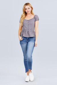 Short Sleeve Button Detail Flare Hem Woven Top