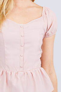 Short Sleeve Button Detail Flare Hem Woven Top