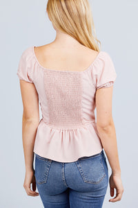 Short Sleeve Button Detail Flare Hem Woven Top