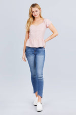 Load image into Gallery viewer, Short Sleeve Button Detail Flare Hem Woven Top
